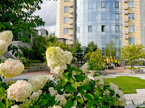 Roof garden with lawn, walkways and raised plant beds